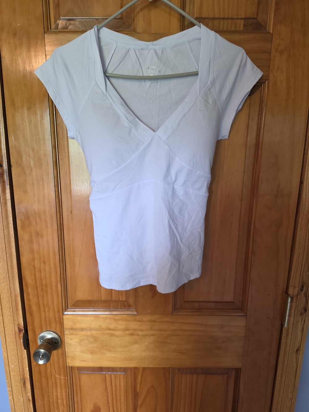 Women's White V-Neck Short Sleeve Tee with Crossover Detail
